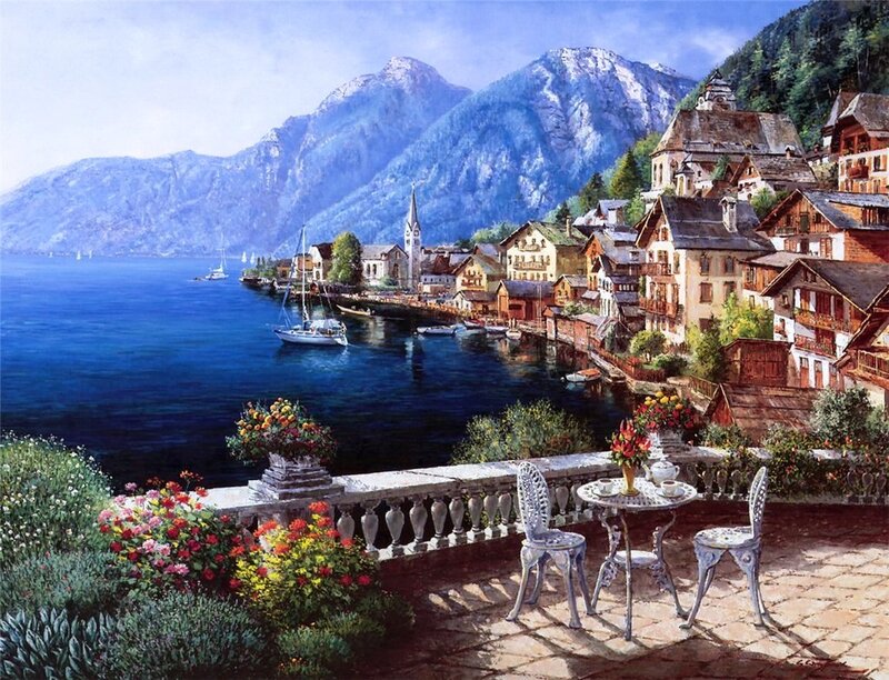 Village on Lake Shore — Blue, Serene, Afternoon, Painting