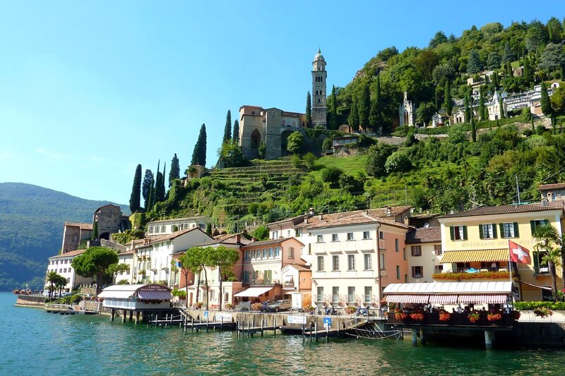 Village on Lake Shore — Blue, Serene, Afternoon, Photograph, Hillside