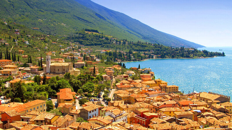 Village on Lake Shore — Blue, Serene, Afternoon, Photograph, Mountain