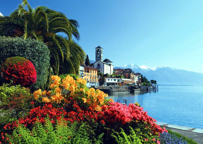 Village on Lake Shore — Blue, Serene, Afternoon, Photograph, Palm Tree, Church Tower