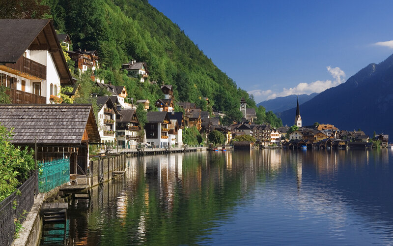 Village on Lake Shore — Blue, Serene, Afternoon, Photograph
