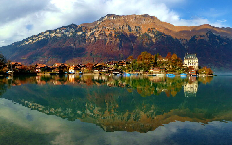 Village on Lake Shore — Blue, Serene, Autumn, Photograph, Mountain