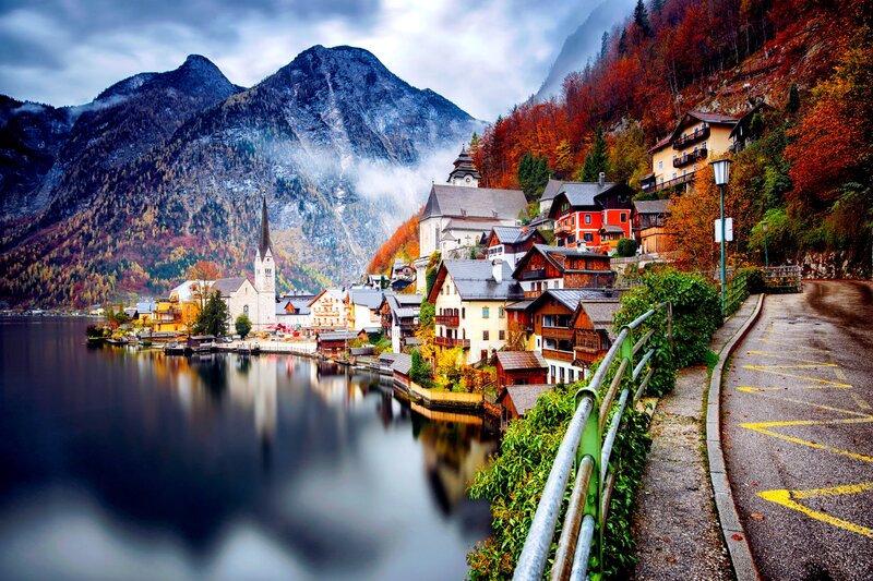 Village on Lake Shore — Blue, Serene, Autumn, Photograph, Mountains