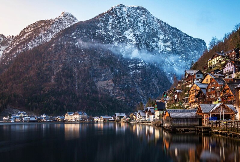 Village on Lake Shore — Blue, Serene, Morning, Photograph