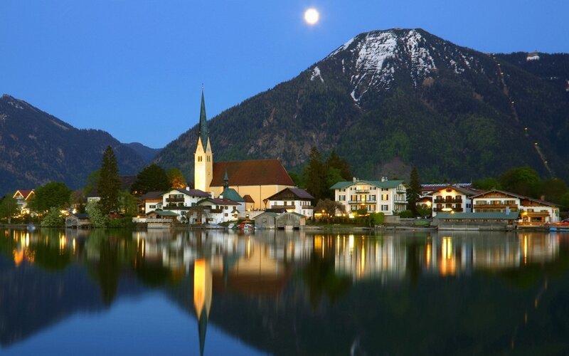 Village on Lake Shore — Blue, Serene, Night, Photograph, Mountain