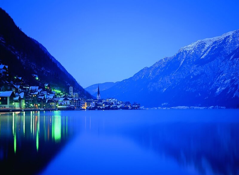 Village on Lake Shore — Blue, Serene, Night, Photograph, Mountains