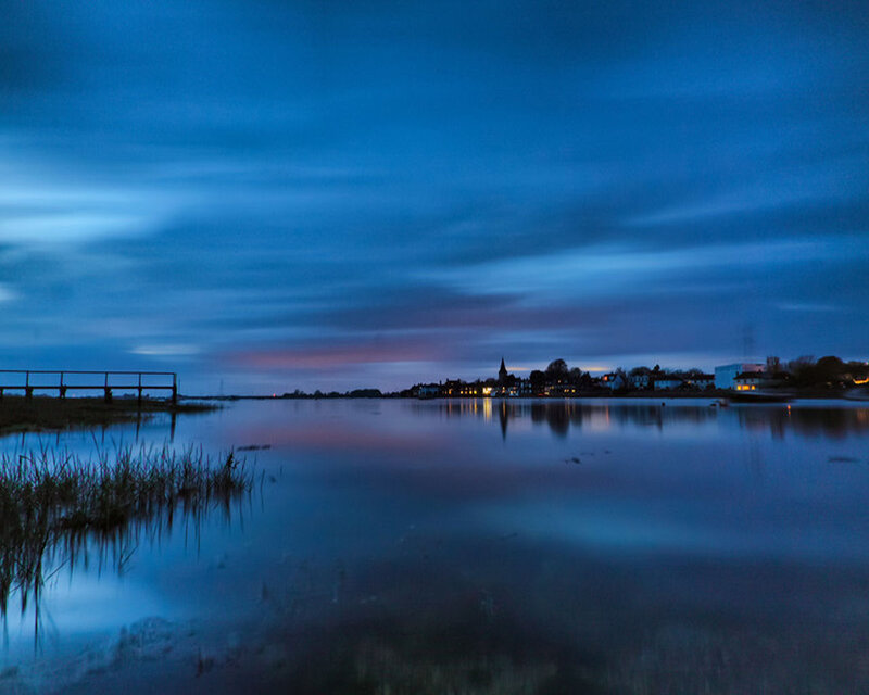 Village on Lake Shore — Blue, Serene, Night, Photograph