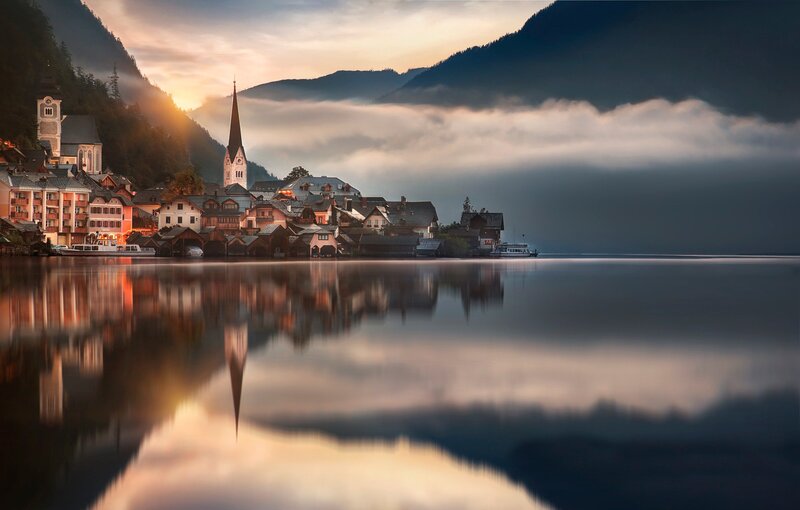 Village on Lake Shore — Blue, Serene, Sunrise, Photograph