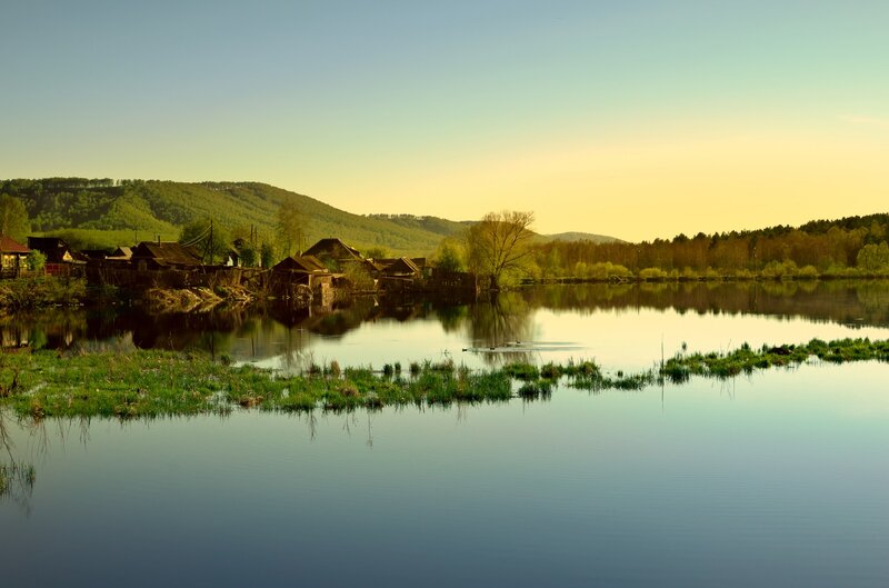 Village on Lake Shore — Blue, Serene, Sunset