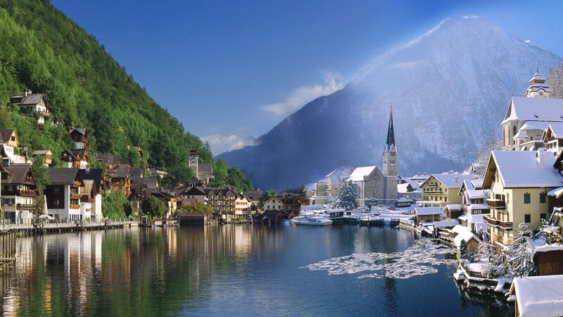 Village on Lake Shore — Blue, Serene, Winter, Photograph, Mountain