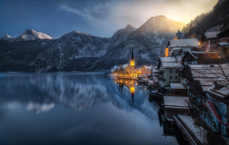 Village on Lake Shore — Blue, Serene, Winter, Photograph, Mountains