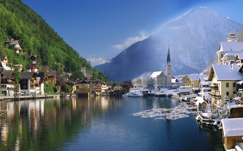 Village on Lake Shore — Blue, Serene, Winter, Photograph