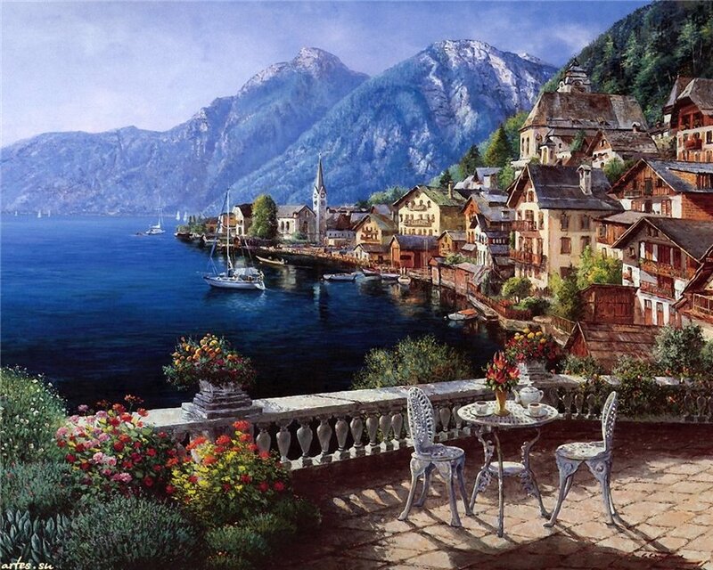 Village on Lake Shore — Blue