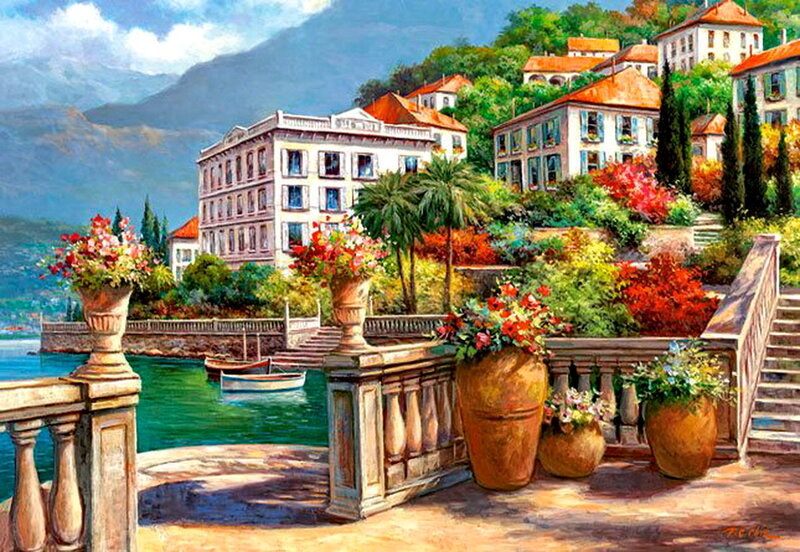 Village on Lake Shore — Green, Serene, Afternoon, Painting