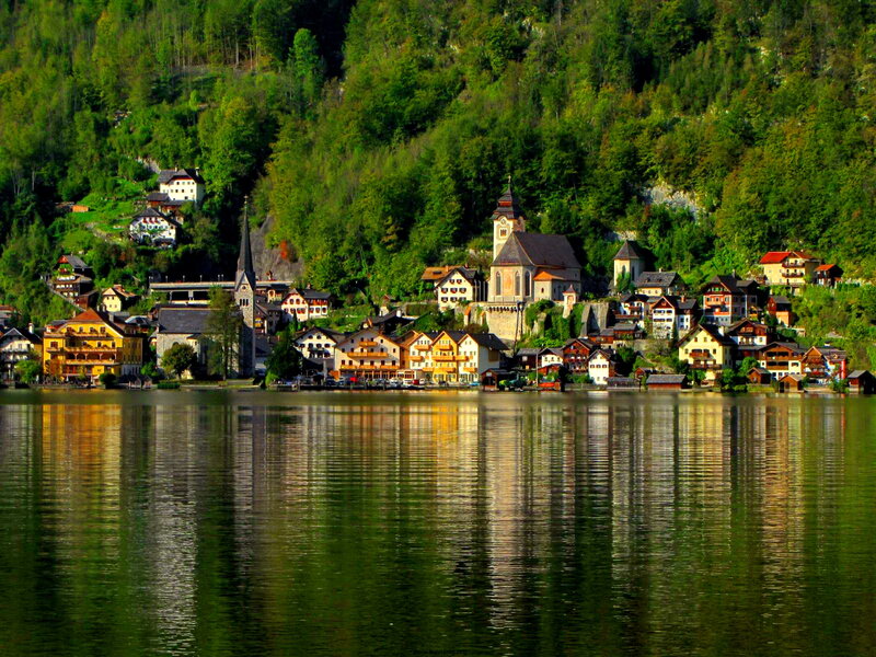 Village on Lake Shore — Green, Serene, Afternoon, Photograph, Churches
