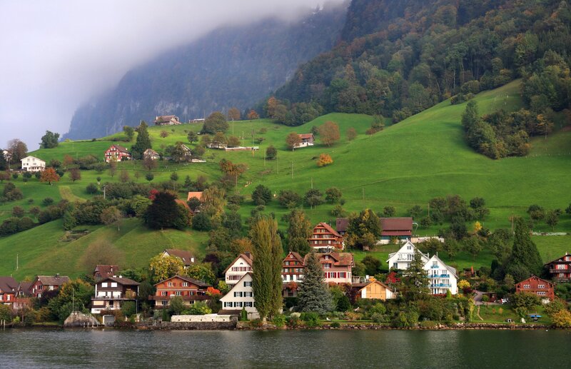 Village on Lake Shore — Green, Serene, Autumn, Photograph
