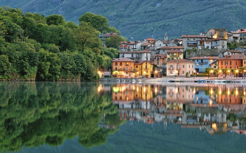 Village on Lake Shore — Green, Serene, Sunset, Photograph