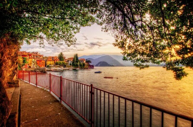 Village on Lake Shore — Green, Serene, Sunset