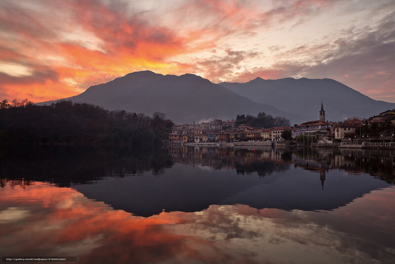 Village on Lake Shore — Orange, Dramatic, Sunset, Photograph