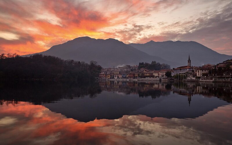 Village on Lake Shore — Orange, Dramatic, Sunset