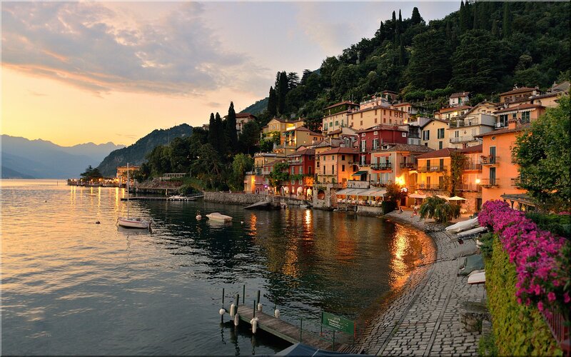 Village on Lake Shore — Orange, Serene, Sunset, Photograph