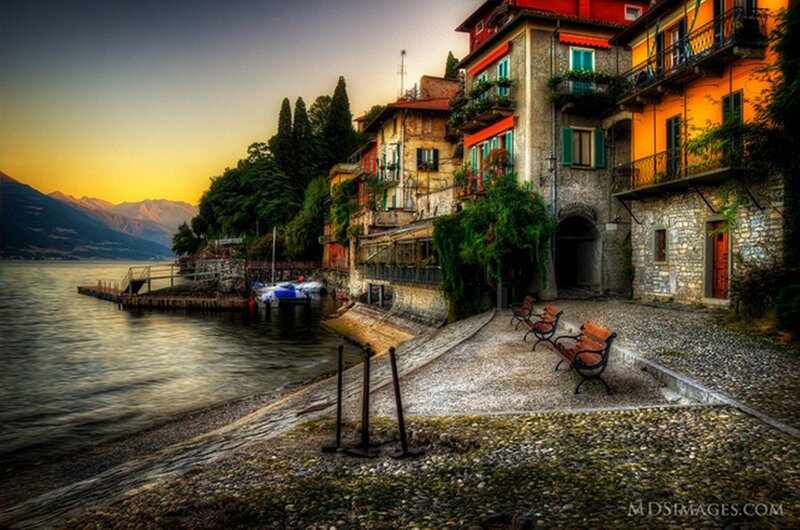 Village on Lake Shore — Orange, Serene, Sunset