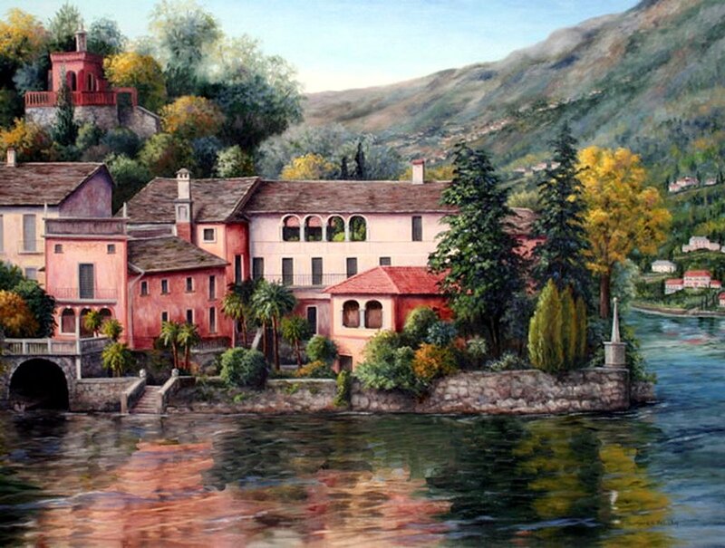 Village on Lake Shore — Pink, Serene