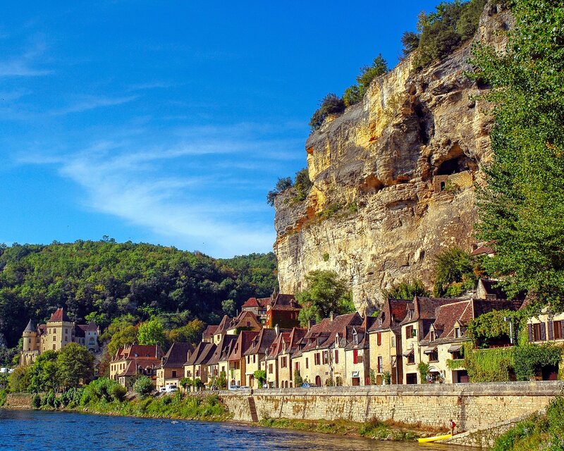 Village on River Cliff — Blue