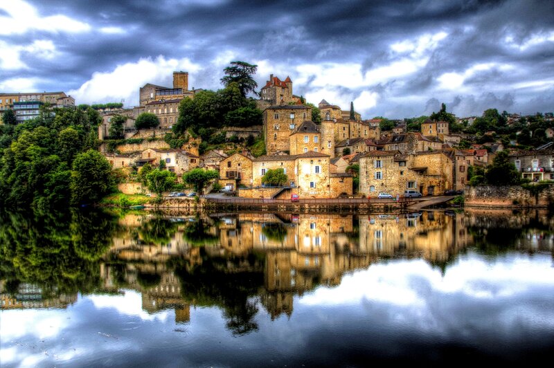 Village on Riverbank — Blue, Dramatic