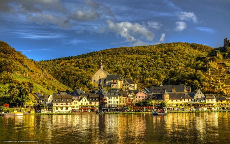 Village on Riverbank — Blue, Serene, Afternoon, Photograph, River