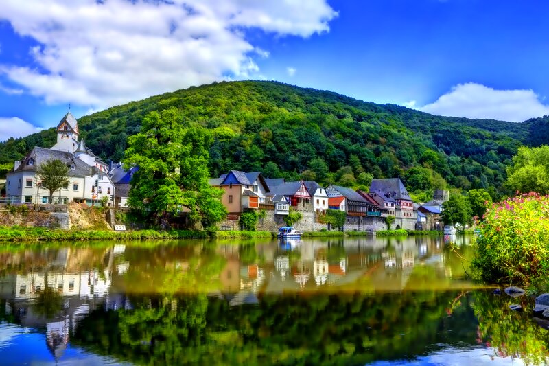 Village on Riverbank — Blue, Serene