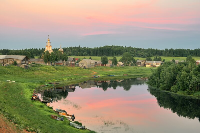 Village on Riverbank — Pink