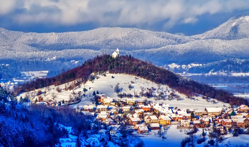 Village on Snowy Hill — Blue