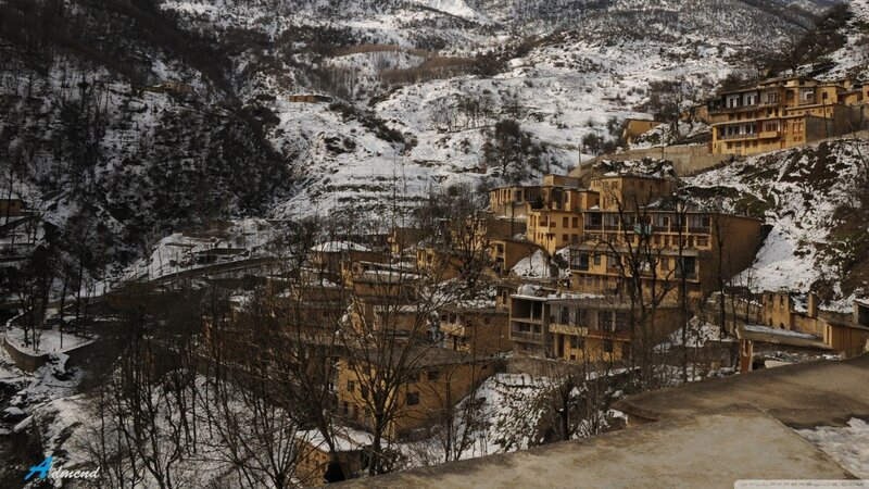Village on Snowy Hillside — Brown, Dramatic