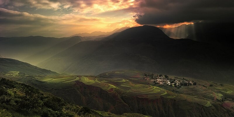Village on Terraced Hills — Green, Dramatic, Sunset