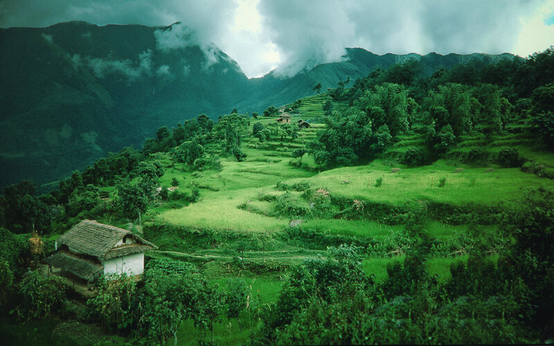 Village on Terraced Hills — Green, Dramatic