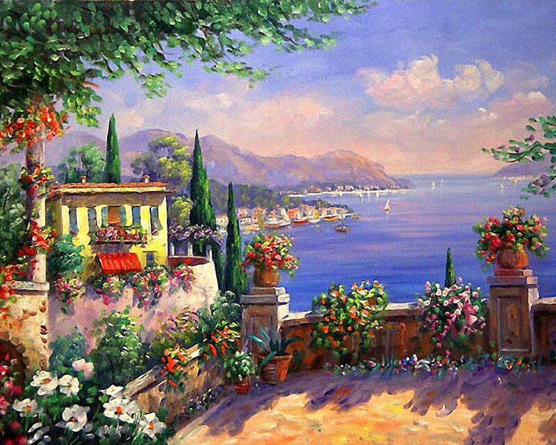 Village Overlooking the Sea — Blue