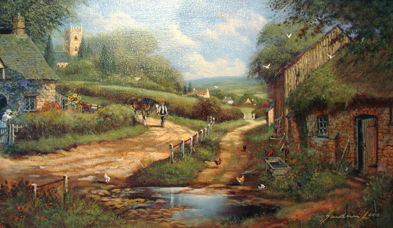 Village path with horse and cottage