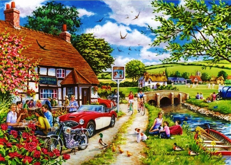 Village Pub Scene — Green, Peaceful