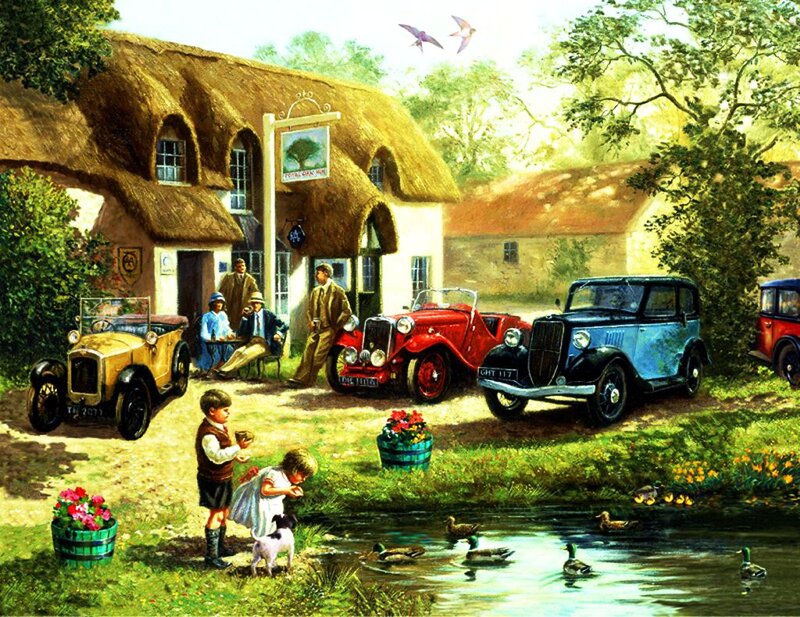 Village Pub with Vintage Cars
