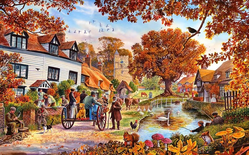 Village Scene in Autumn — Orange, Peaceful