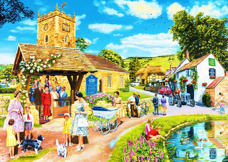 Village Scene with Church — Blue