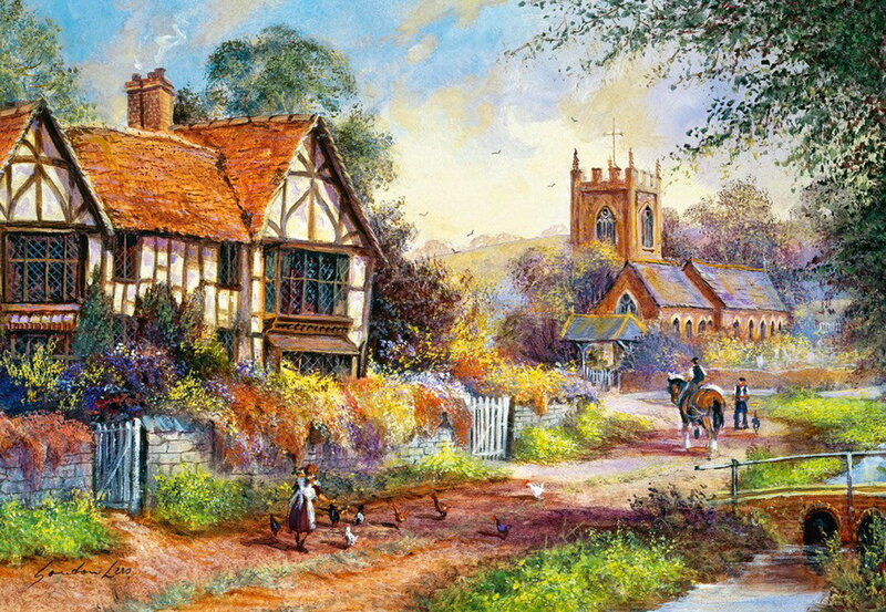 Village Scene with Church — Green