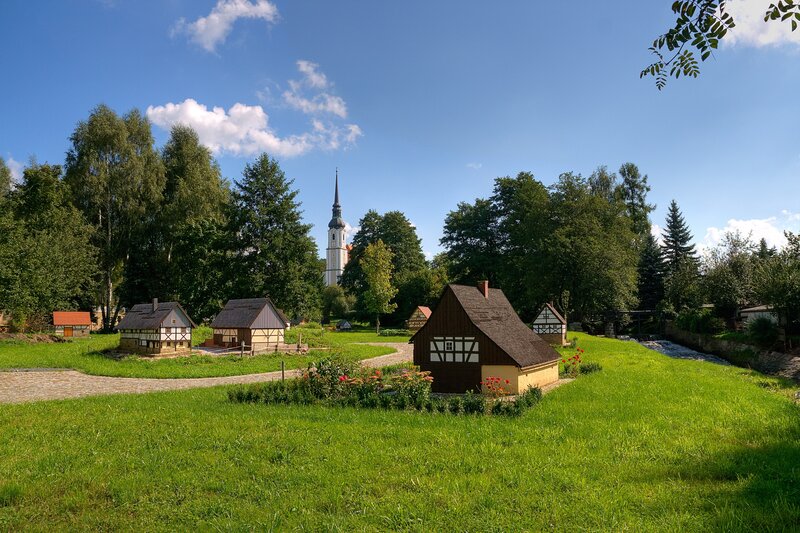 Village scene with church steeple