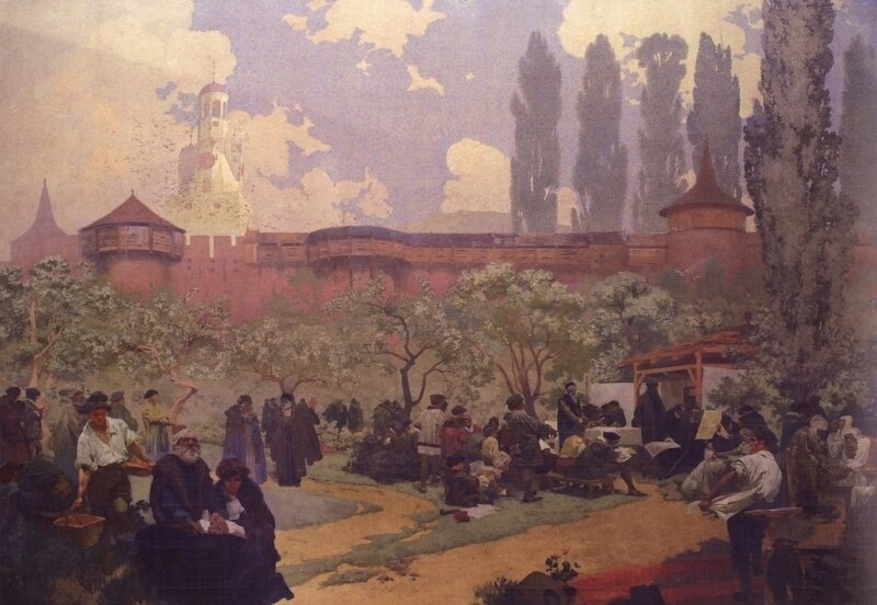 Village scene with fortress