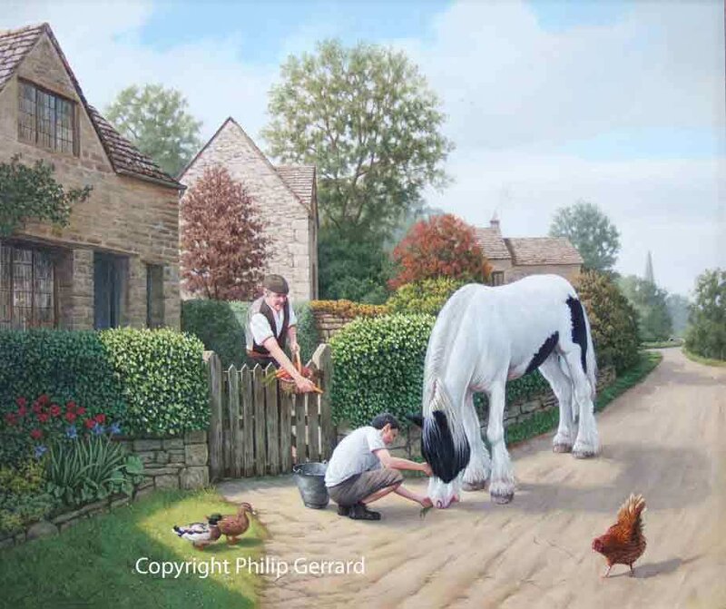Village scene with horse and children