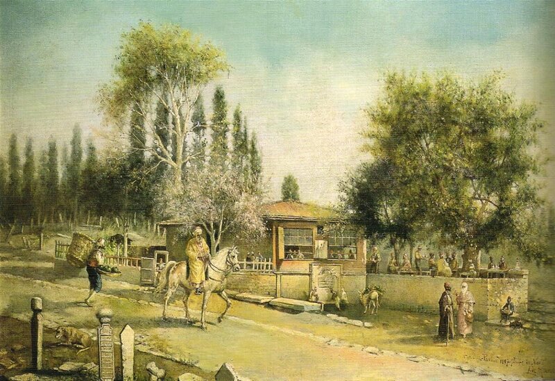 Village scene with horse and people