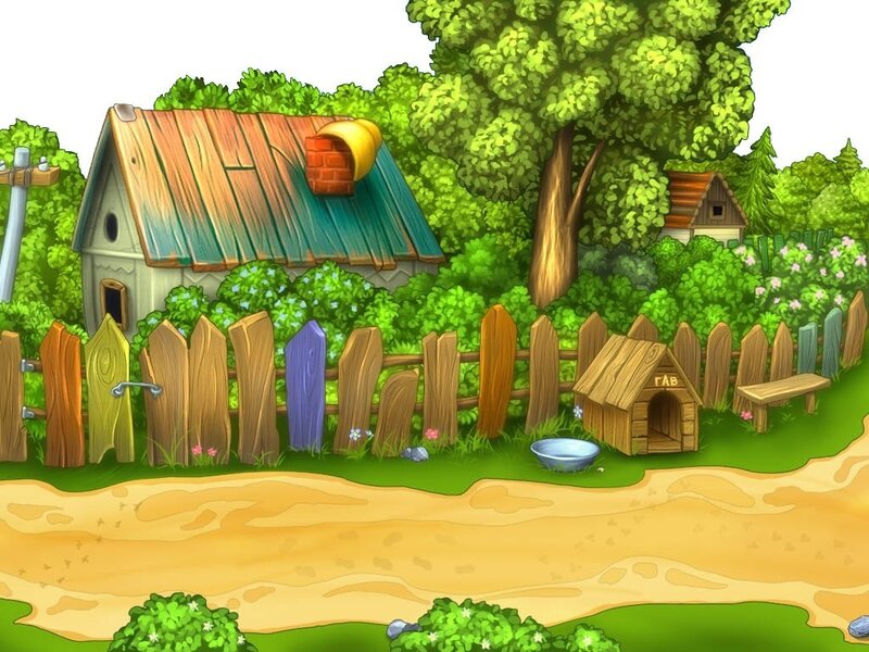 village scene with house and doghouse