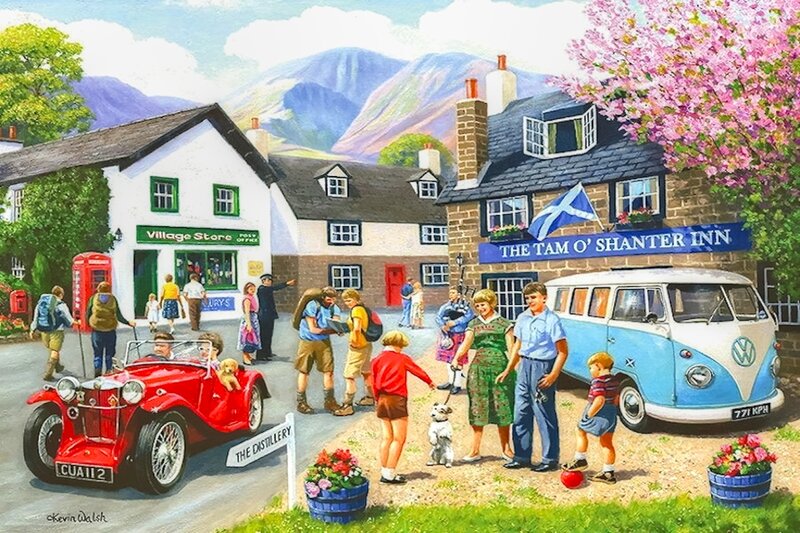 Village Scene with People — Blue, Cheerful, Spring