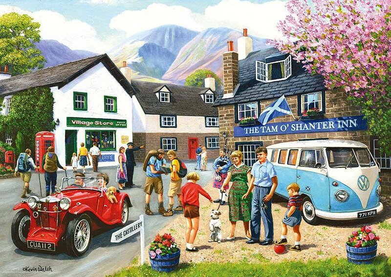 Village Scene with People — Blue, Cheerful